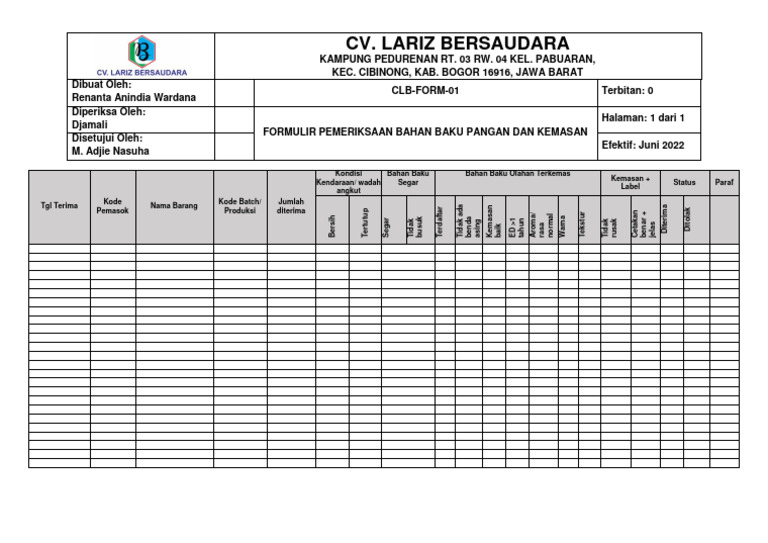 Formulir Pemeriksaan Bahan Baku Pangan | PDF