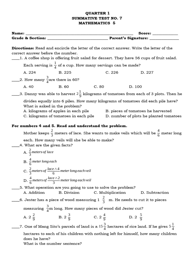 Q1 Summative Test: Math 5 Fractions | PDF