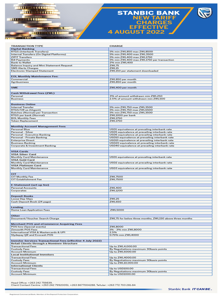 Stanbic Bank Tariff Guide 2022 | PDF | Visa Inc. | Banks