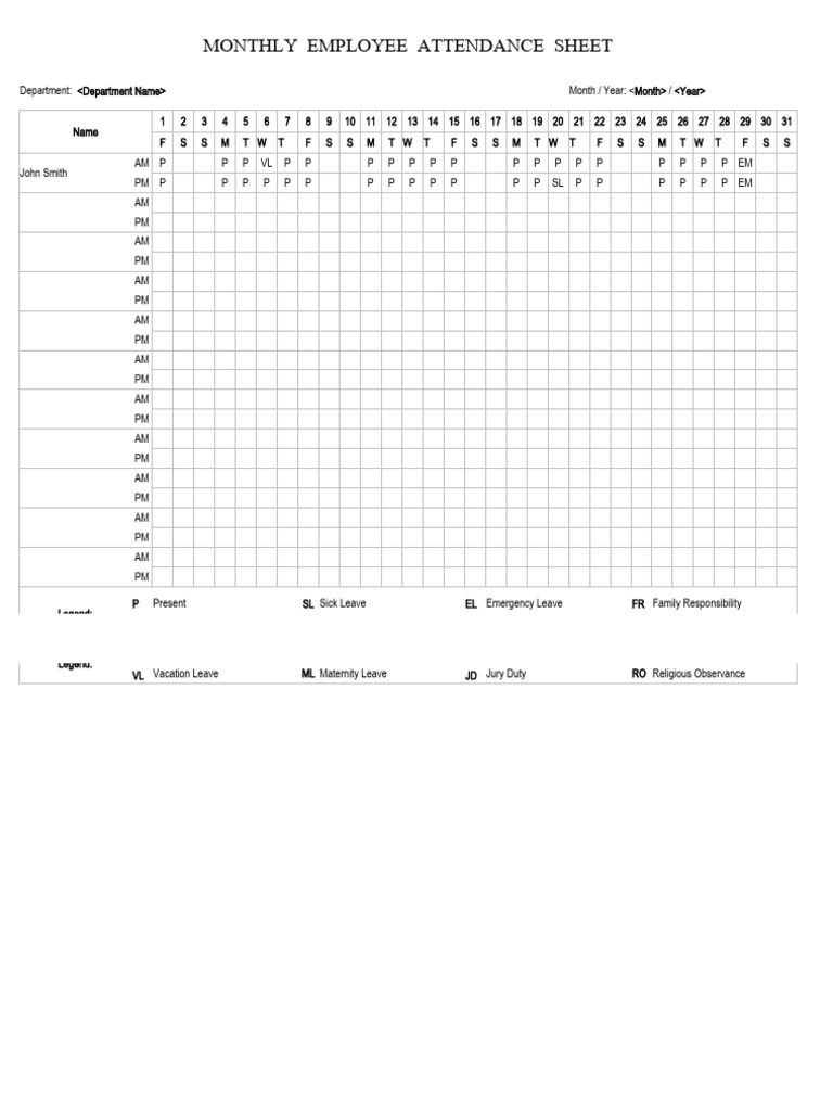 Monthly Employee Attendance Sheet | PDF