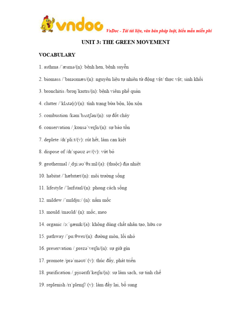 Tu Vung Tieng Anh Lop 12 Unit 3 The Green Movement | PDF