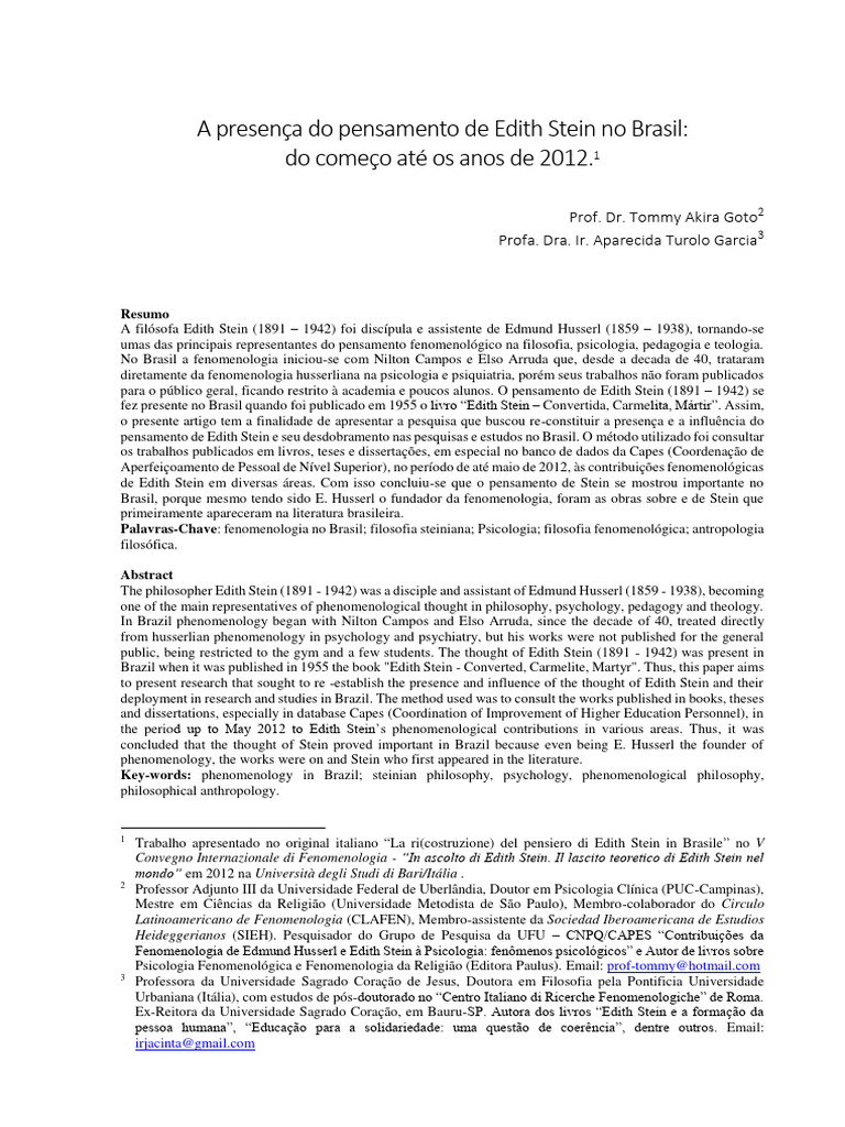Influência de Edith Stein no Brasil até 2012 | PDF | Religião e ...