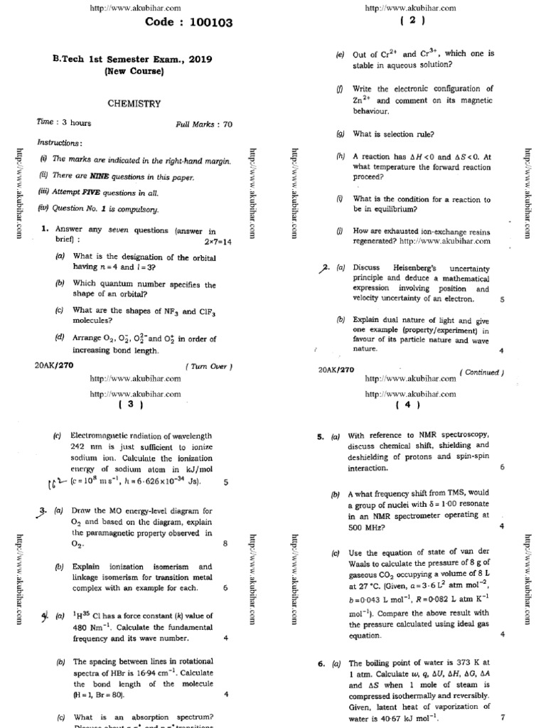 Btech 1 Sem Chemistry 100103 2019 | PDF