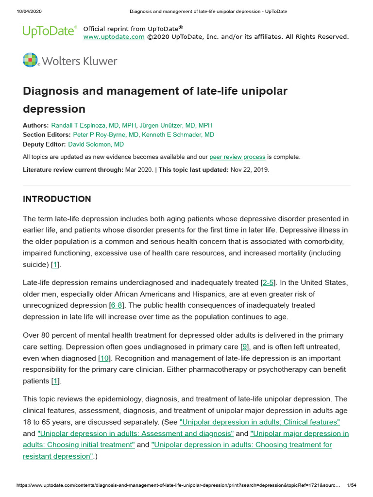 Diagnosis and Management of LateLife Unipolar Depression UpToDate
