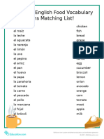 Spanish To English Food Vocabulary Terms Matching List!