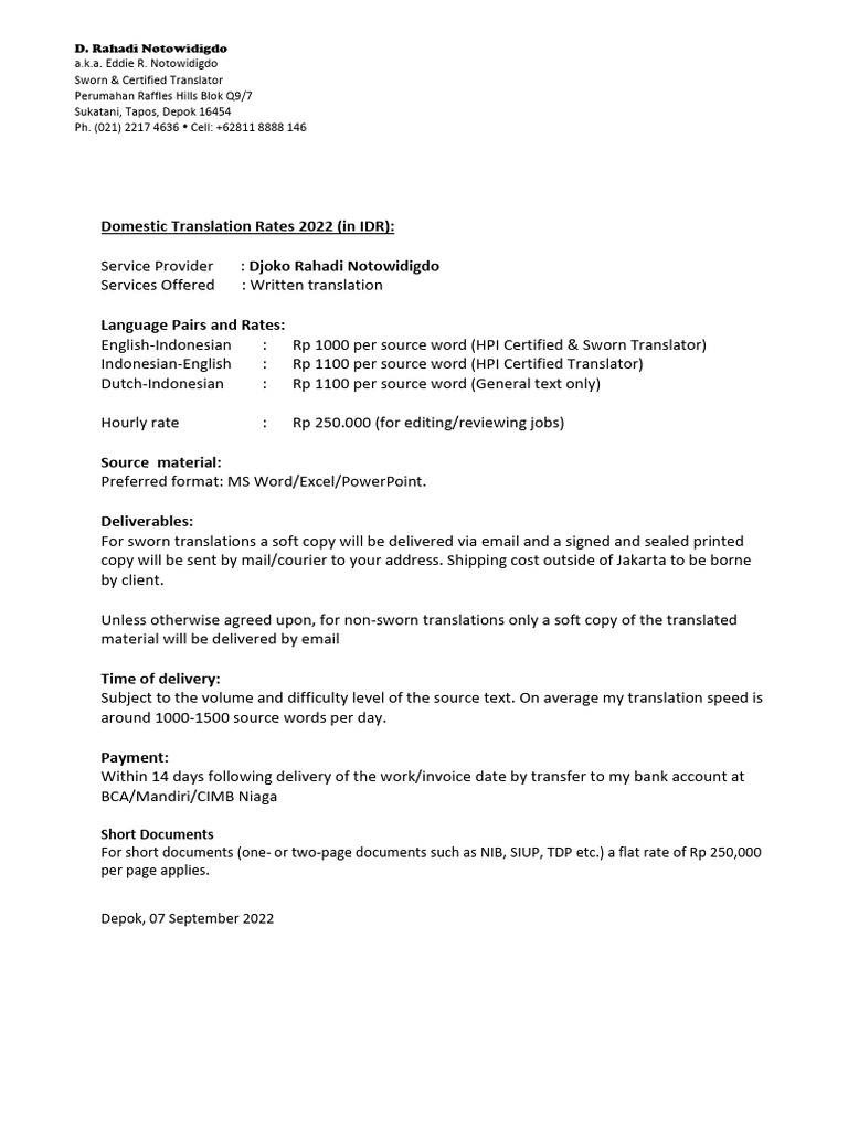 Domestic Translation Rates 2022 PDF