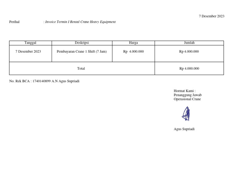 Invoice Termin I Rental Crane | PDF