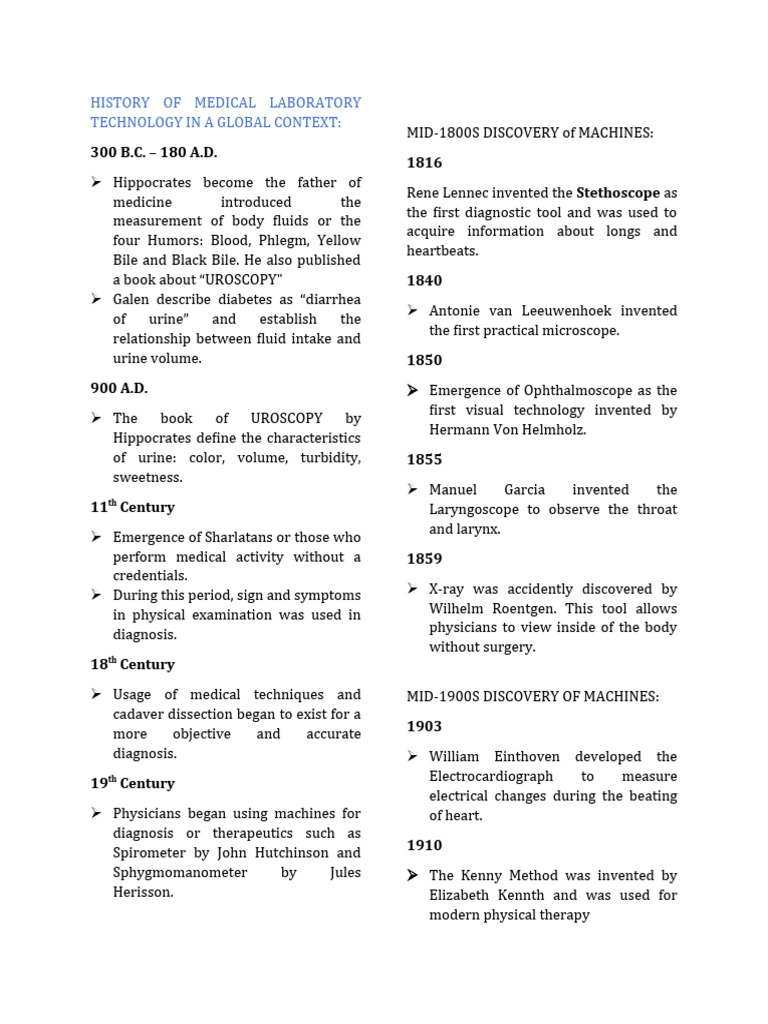 History of Medical Laboratory Technology PDF Medicine Health Sciences