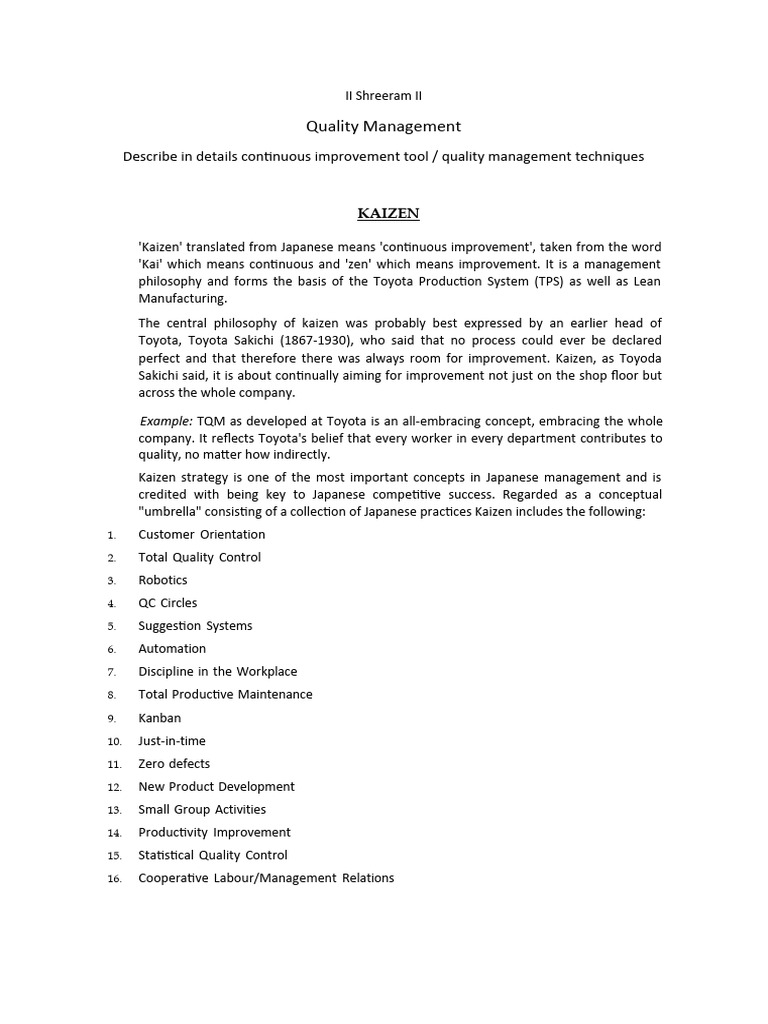 Notes On Quality Tool Kaizen and 5s PDF Lean Manufacturing Production And Manufacturing