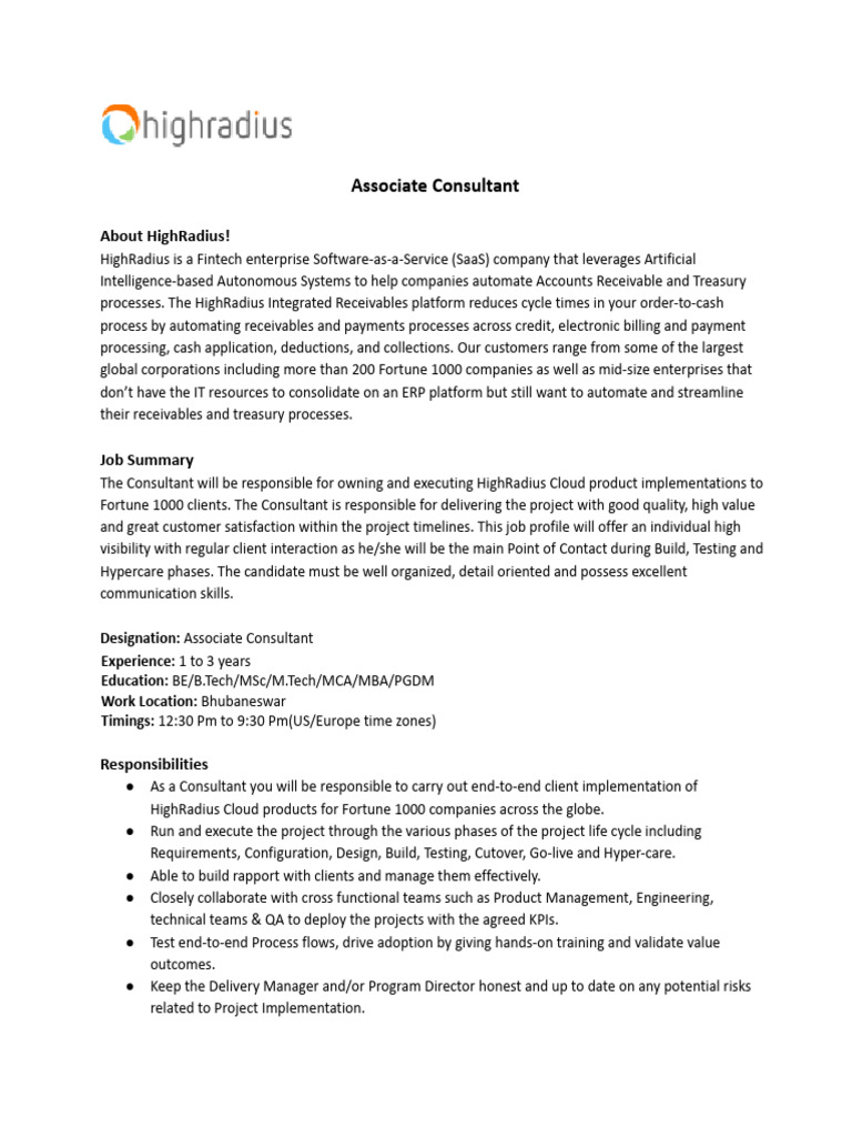 Associate Consultant Role at HighRadius | PDF