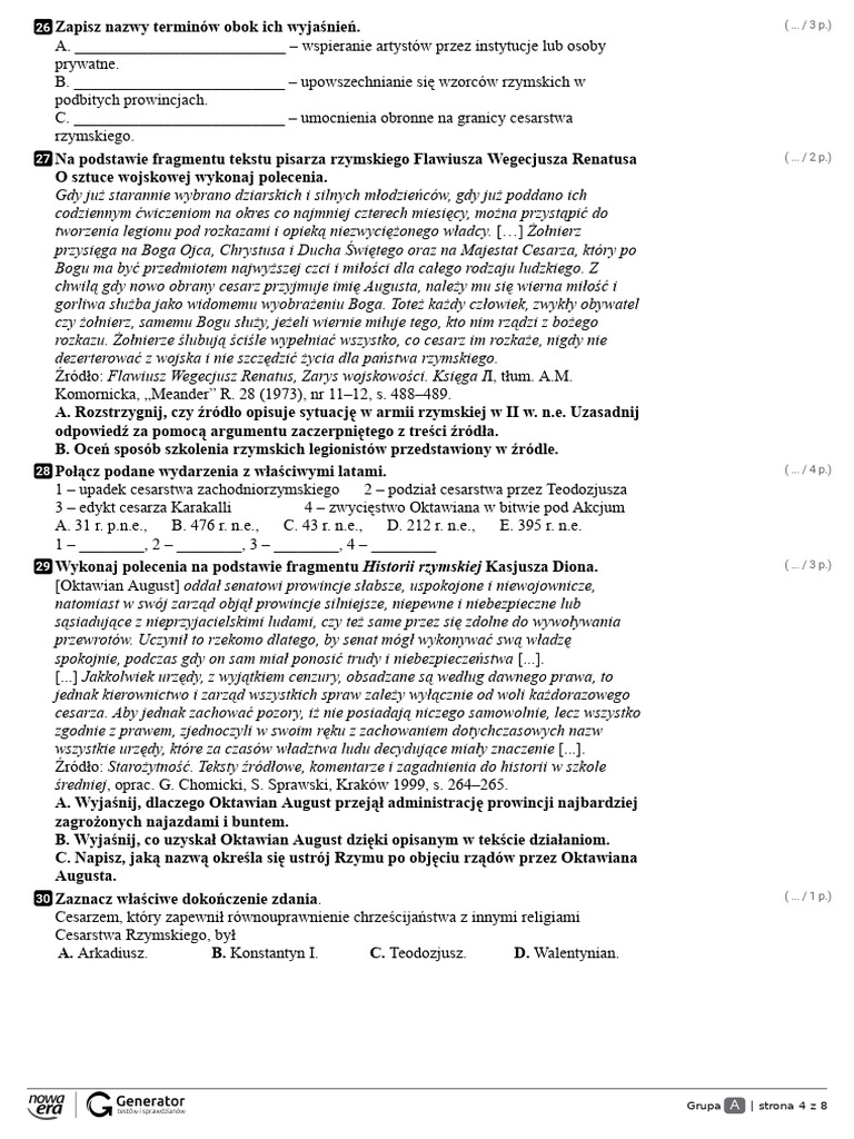Starozytny Rzym Klasa 5 "Starożytny Rzym" Sprawdzian | PDF