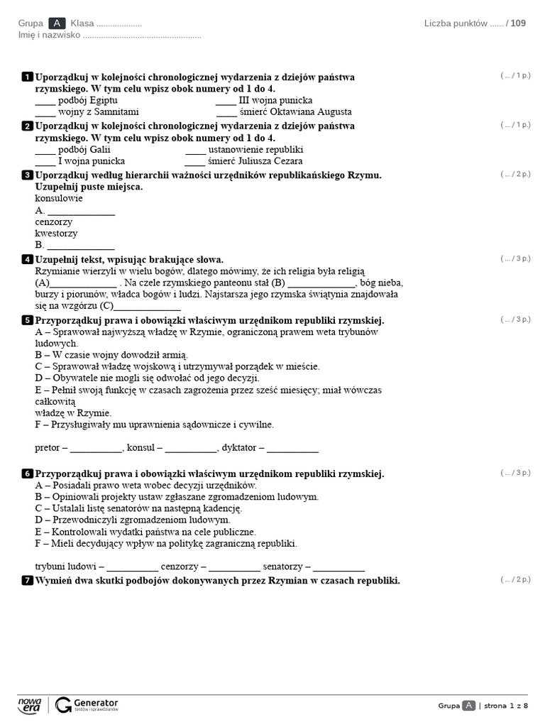 Starożytny Rzym Test Klasa 5 "Starożytny Rzym" Sprawdzian | PDF