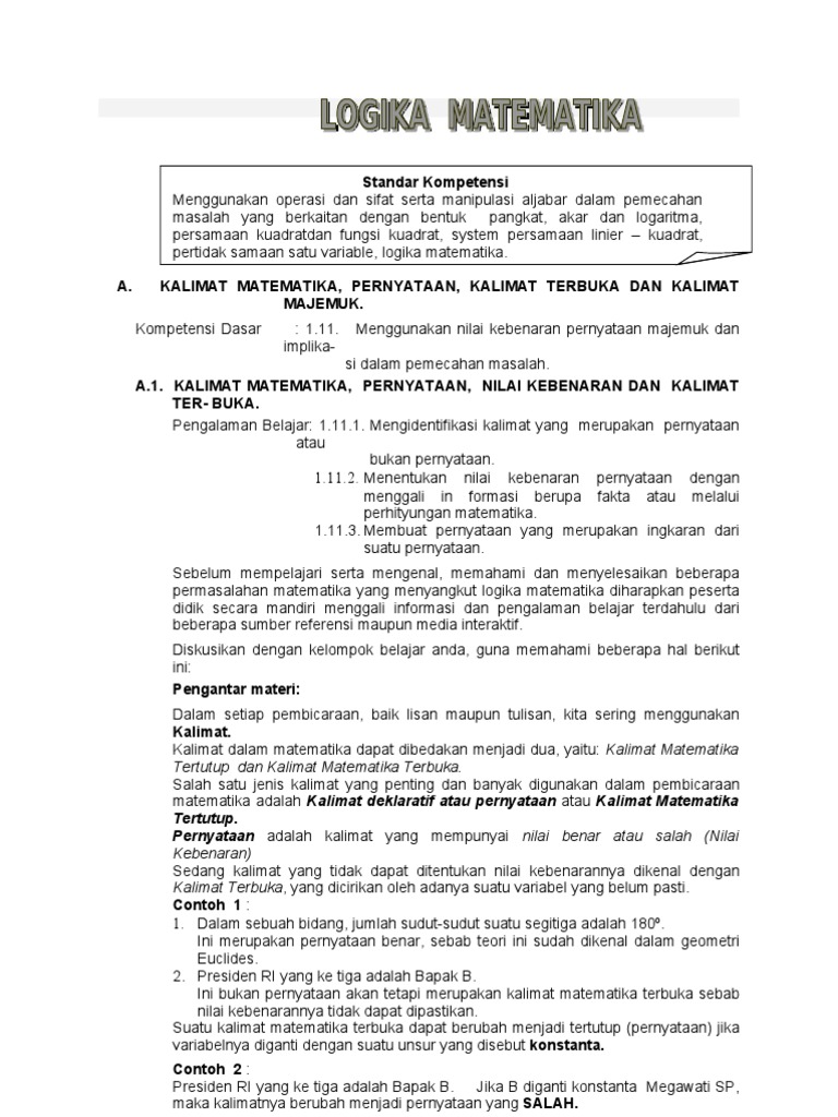 Logika Matematika dan Nilai Kebenaran | PDF | Metode & Bahan Ajar ...
