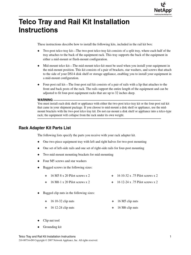 Telco Tray and Rail Kit Installation Instructions: Rack Adapter Kit ...