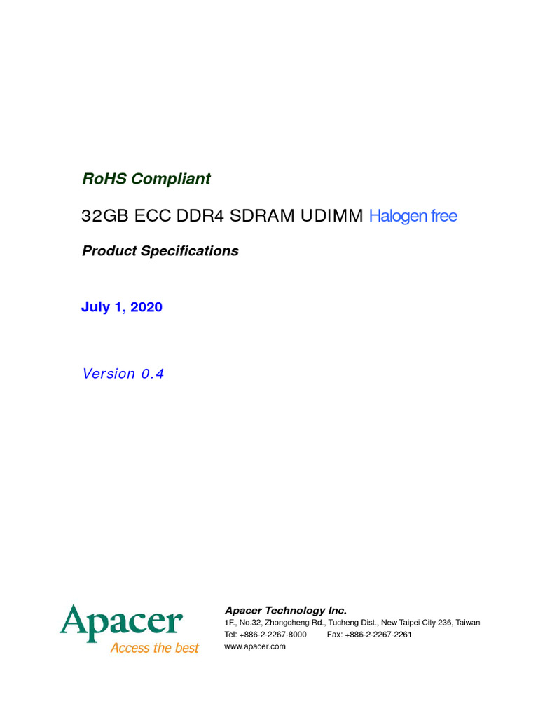 32GB ECC DDR4 SDRAM UDIMM Specs | PDF | Dynamic Random Access Memory ...