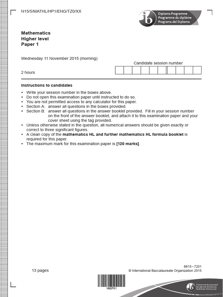 IB Math HL Paper 1 Exam November 2015 | PDF | Polynomial | Euclidean ...