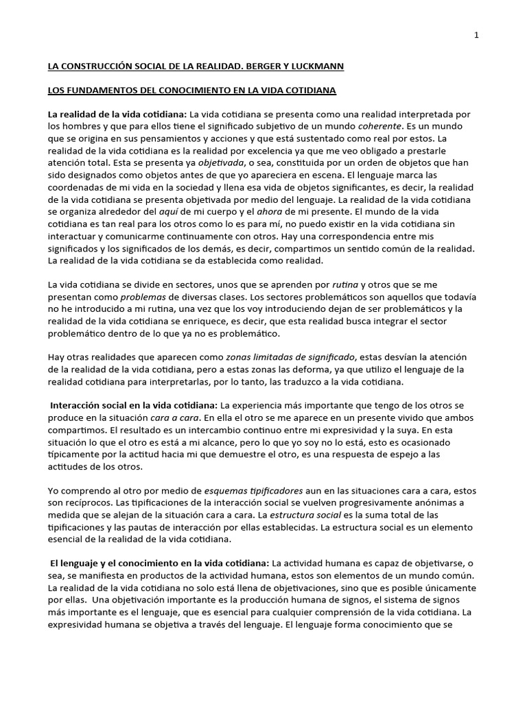 La Construcción Social De La Realidad Berger Y Luckmann Pdf
