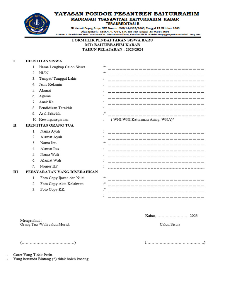 Formulir Pendaftaran Siswa Baru Pdf