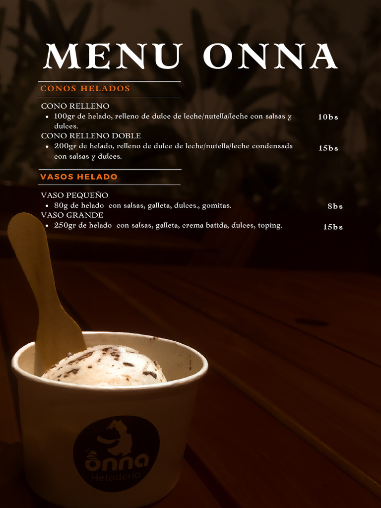 Menú de Helados y Cafés Onna | PDF | Cocina, comidas y vino