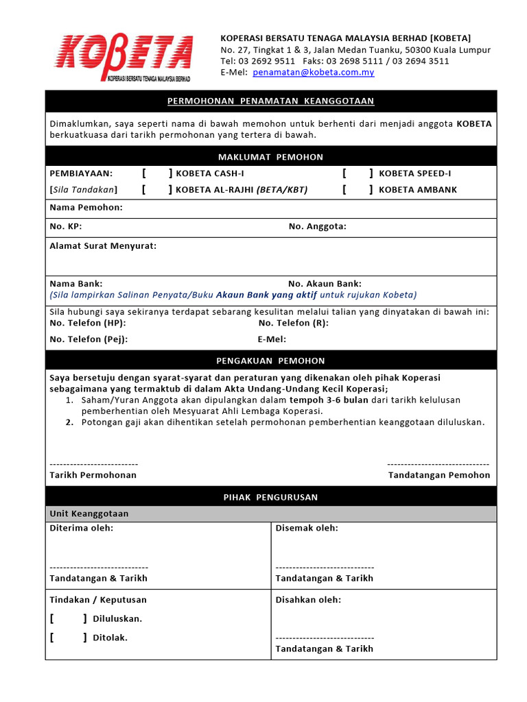 Permohonan Penamatan Keanggotaan KOBETA | PDF