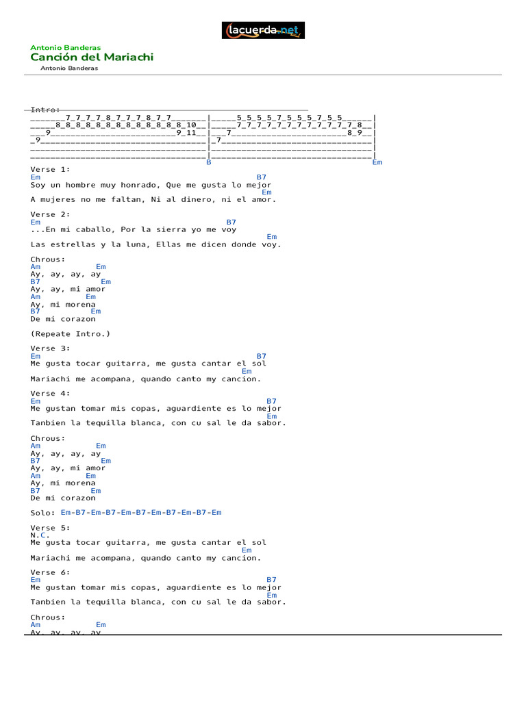 CANCION DEL MARIACHI, Antonio Banderas - Acordes | PDF