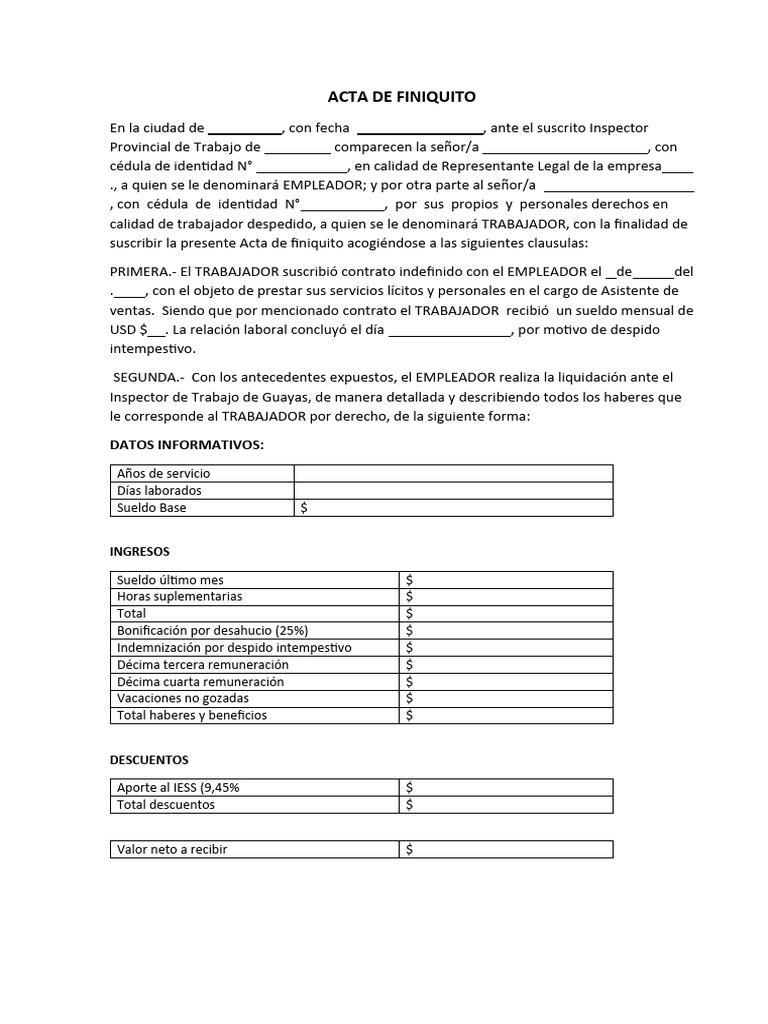 Acta de Finiquito Laboral y Bonificaciones | PDF | Salario | Derecho ...