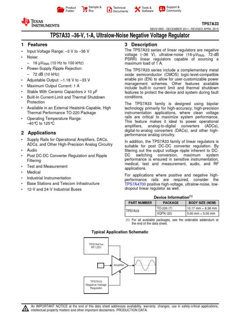 TPS7A33 Ultralow-Noise Voltage Regulator | PDF | Electrostatic ...