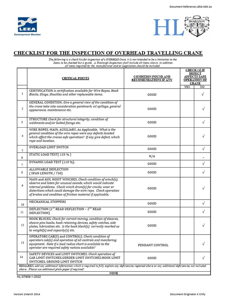 Crawler Crane Inspection Checklist | PDF | Crane (Machine) | Tools