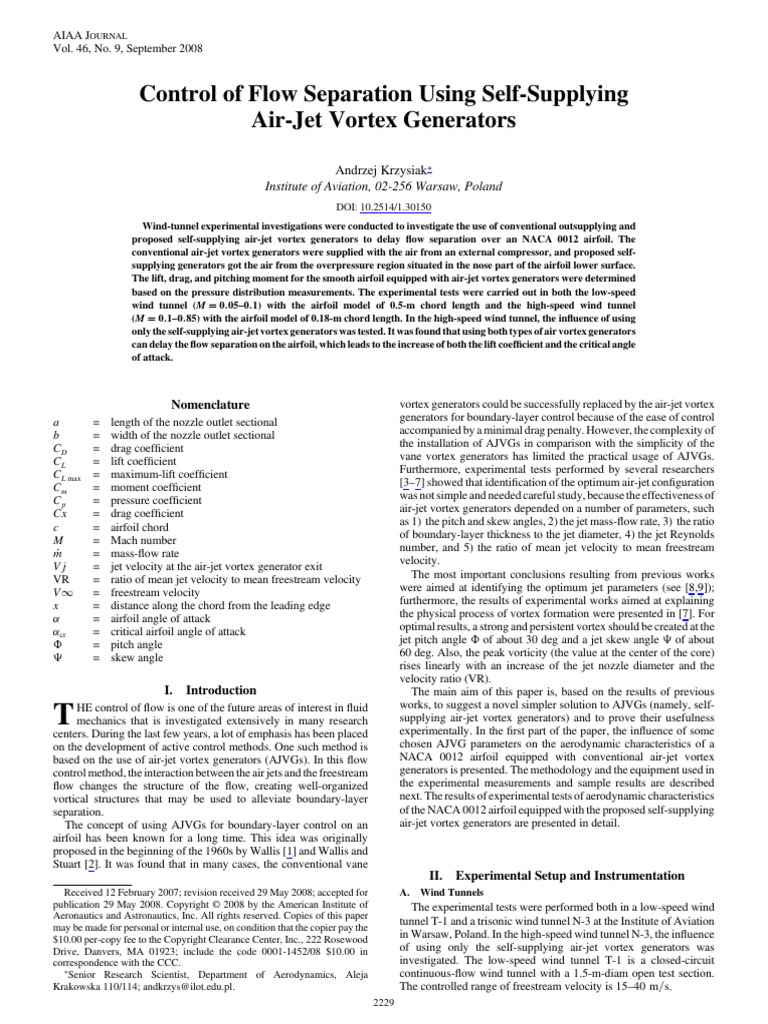 Control of Flow Separation Using Self-Supplying Air Jet Vortex ...