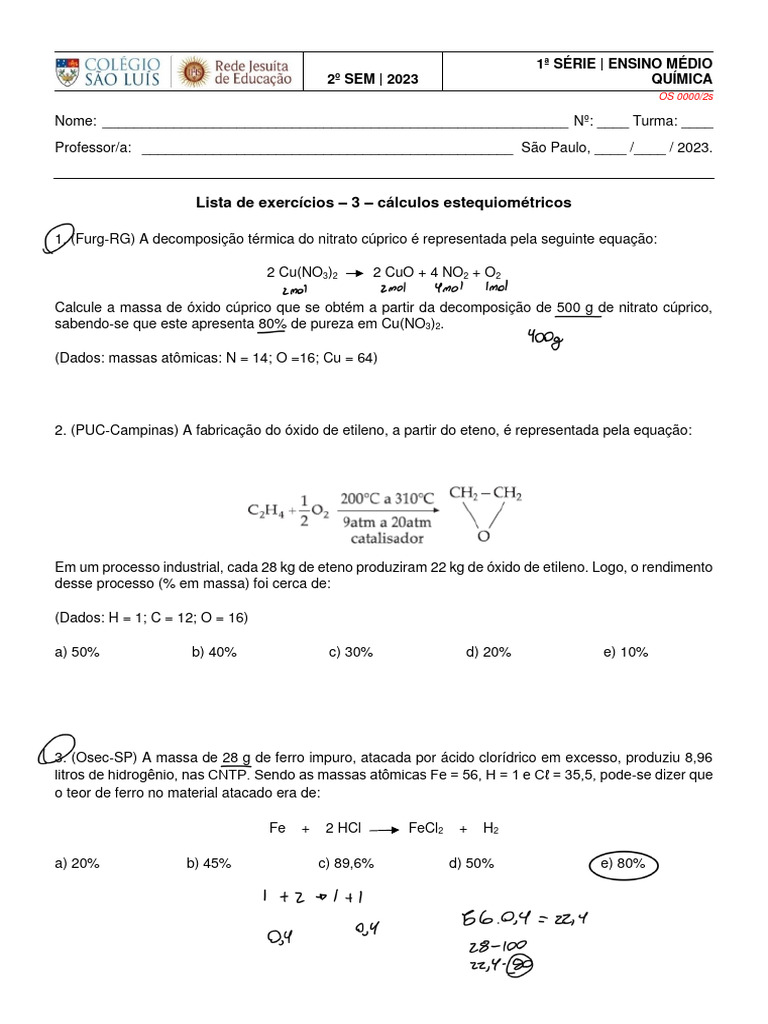 Exercícios de Cálculo Estequiométrico | PDF | Ácido clorídrico | Átomos