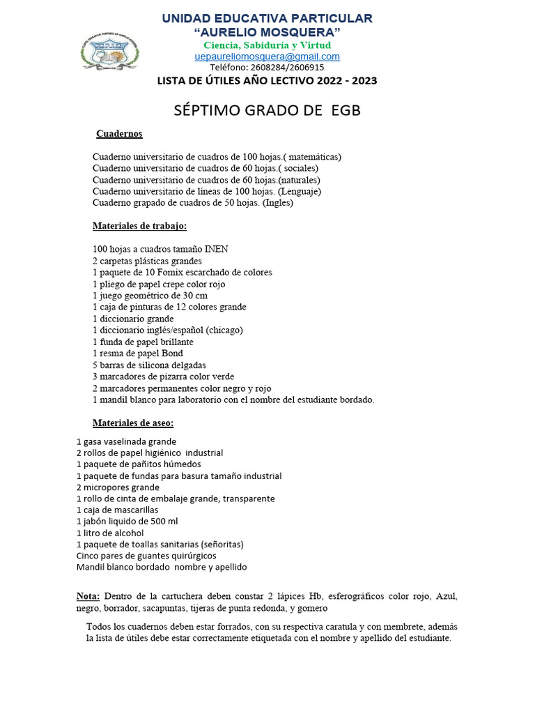 Lista de Útiles Séptimo Grado 2022-2023 | PDF | Arte
