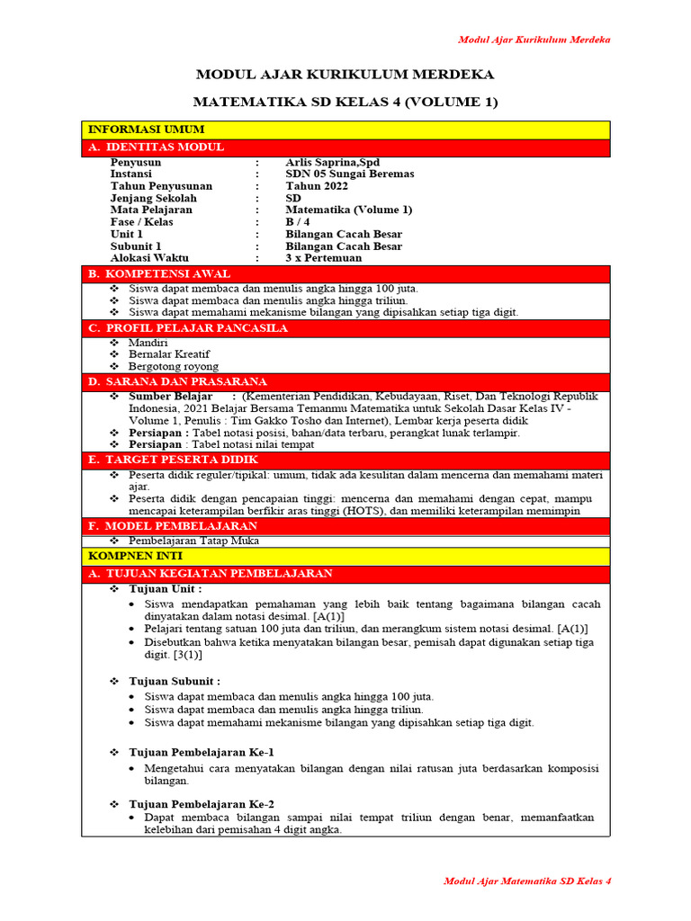 Modul Ajar Kurikulum Merdeka Matematika SD Kelas 4 (Volume 1) | PDF ...