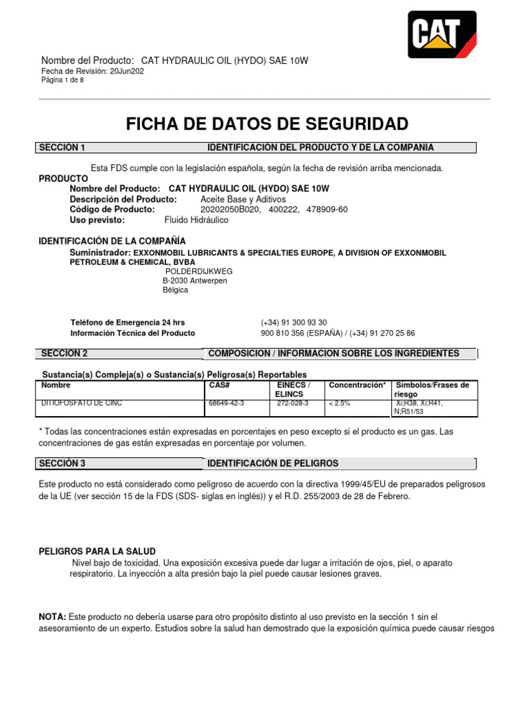 5. MSDS_CAT HYDRAULIC OIL (HYDO) SAE 10W_Actualizada PDF