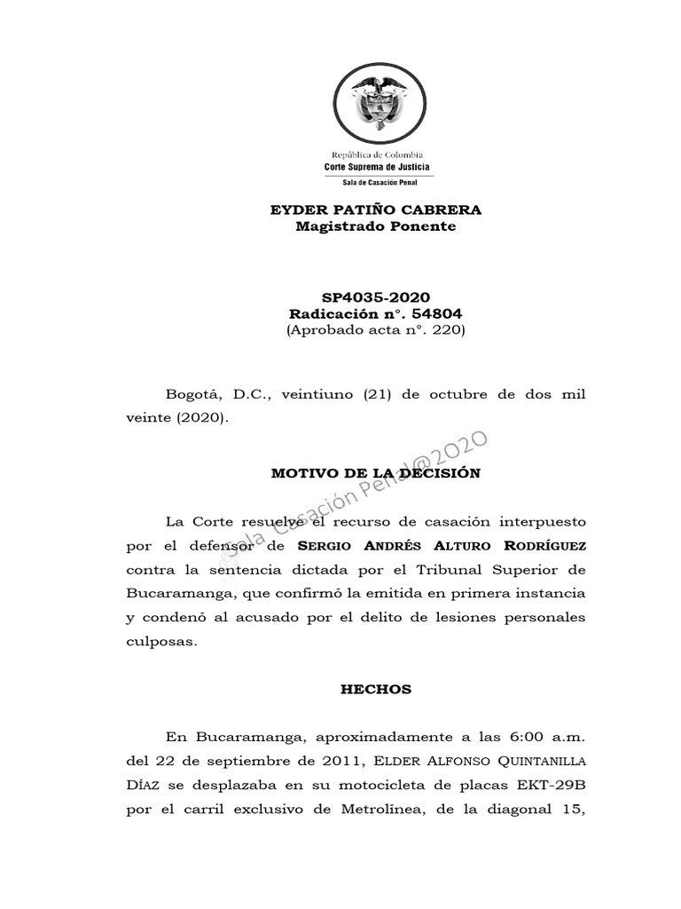 Sentencia Corte Suprema de Colombia SP4035-2020 (54804) IMPIUTACION