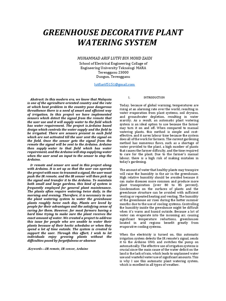Greenhouse decorative plant watering system technical paper latest