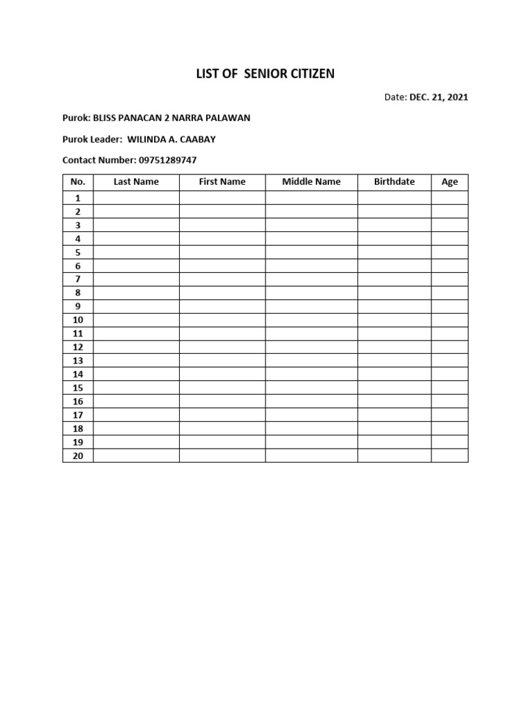List Of Senior Citizen PDF
