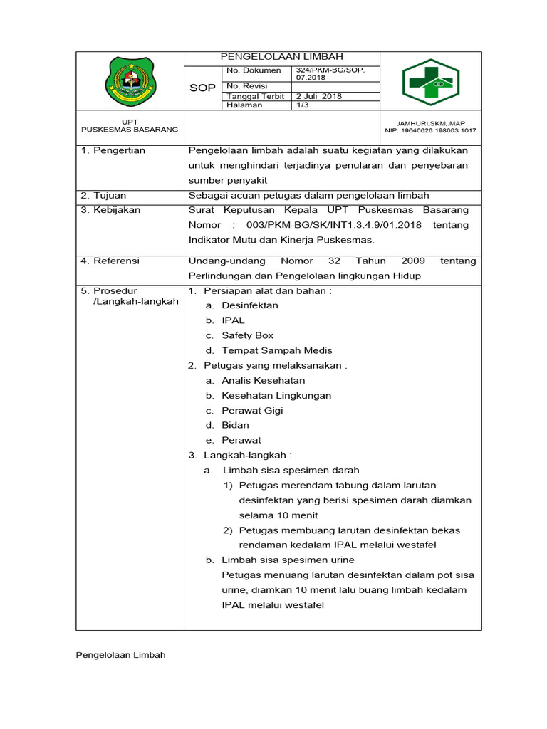 8 1 2 11 sop pengelolaan limbah pdf