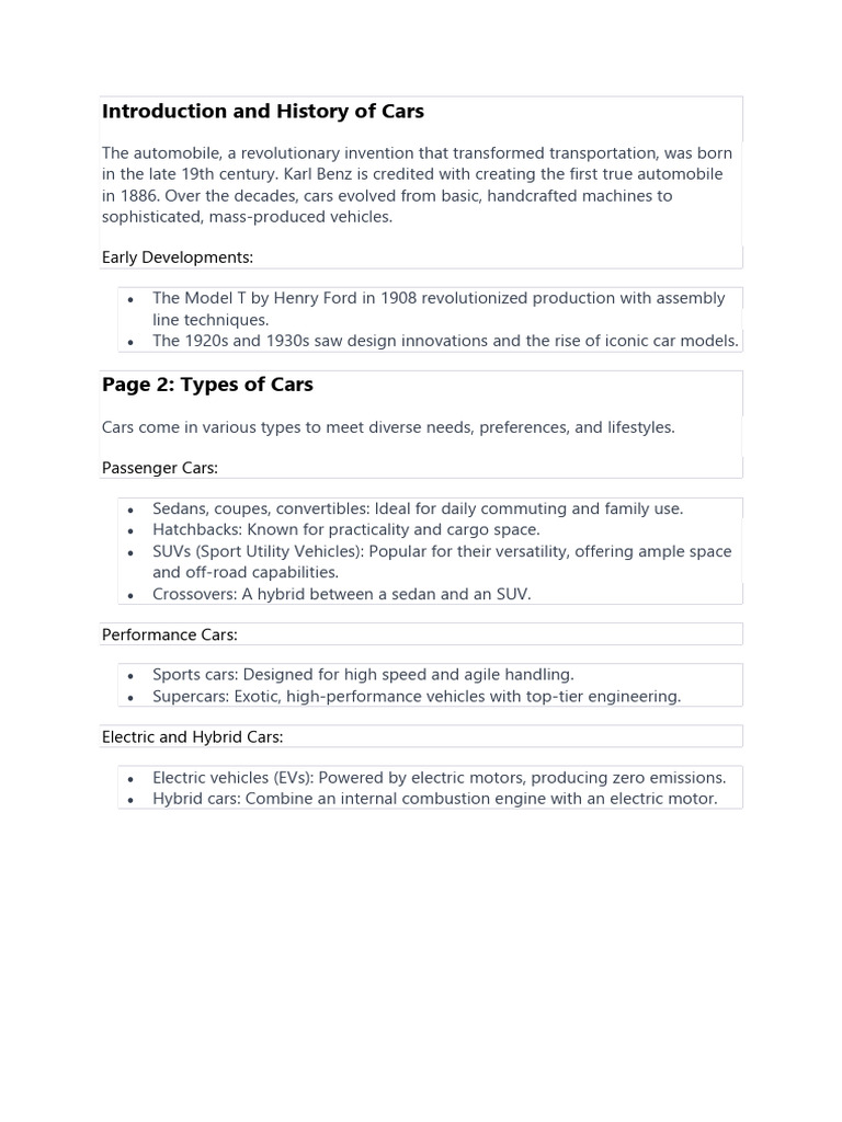 Introduction and History of Cars | PDF