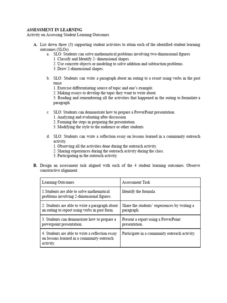 Activity assessing student learning outcomes arjay santiago pdf