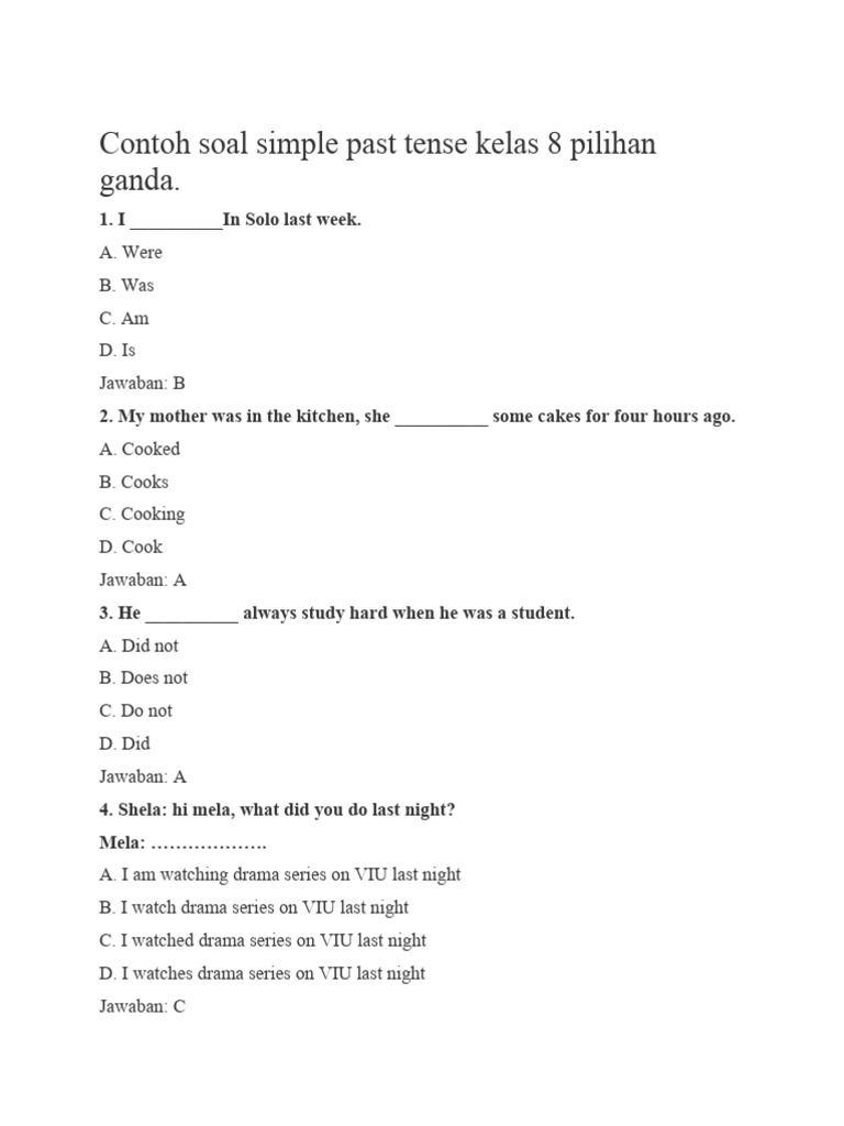 Contoh soal simple past tense kelas 8 pilihan ganda pdf