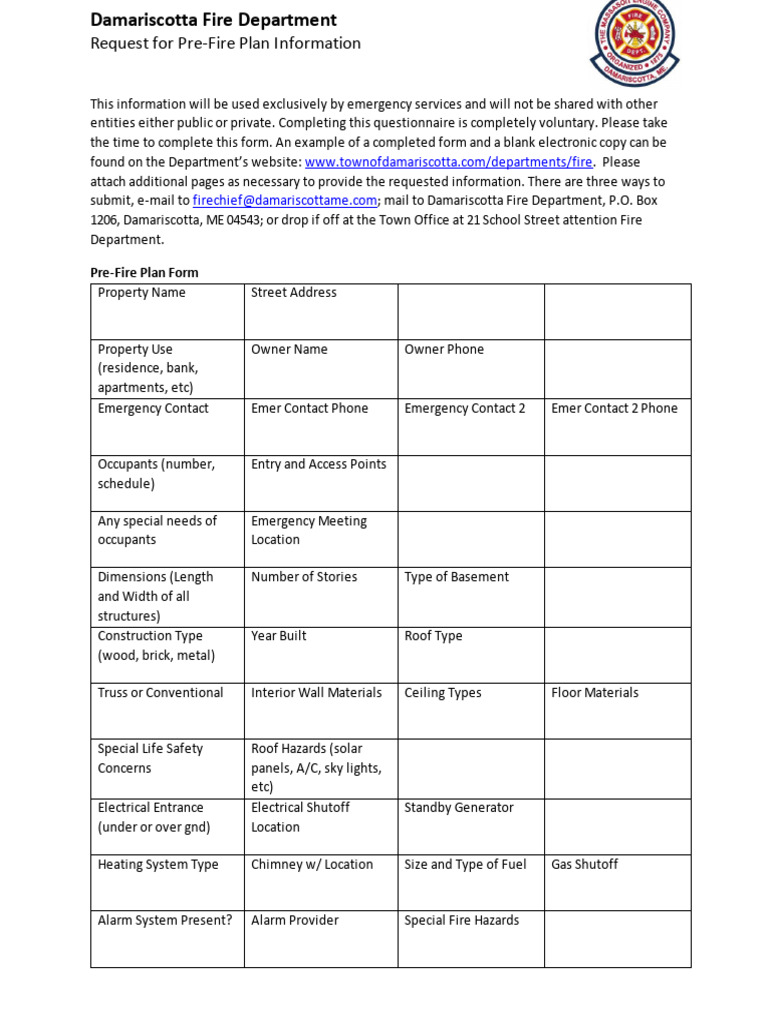 Request For PreFire Plan Information Form PDF