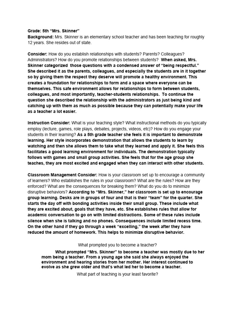 Teacher Interview 2 Pdf Teachers Classroom