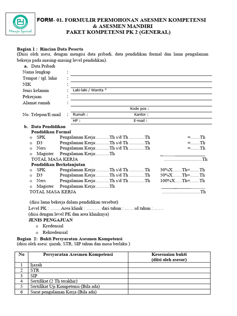 Form Permohonan Asesmen Dan Asesmen Mandiri Pdf