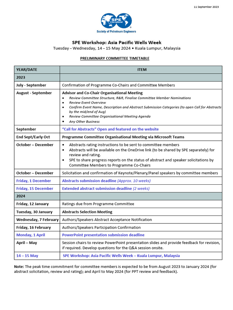 Asia Pacific Wells Week - Preliminary Committee Timetable | PDF ...