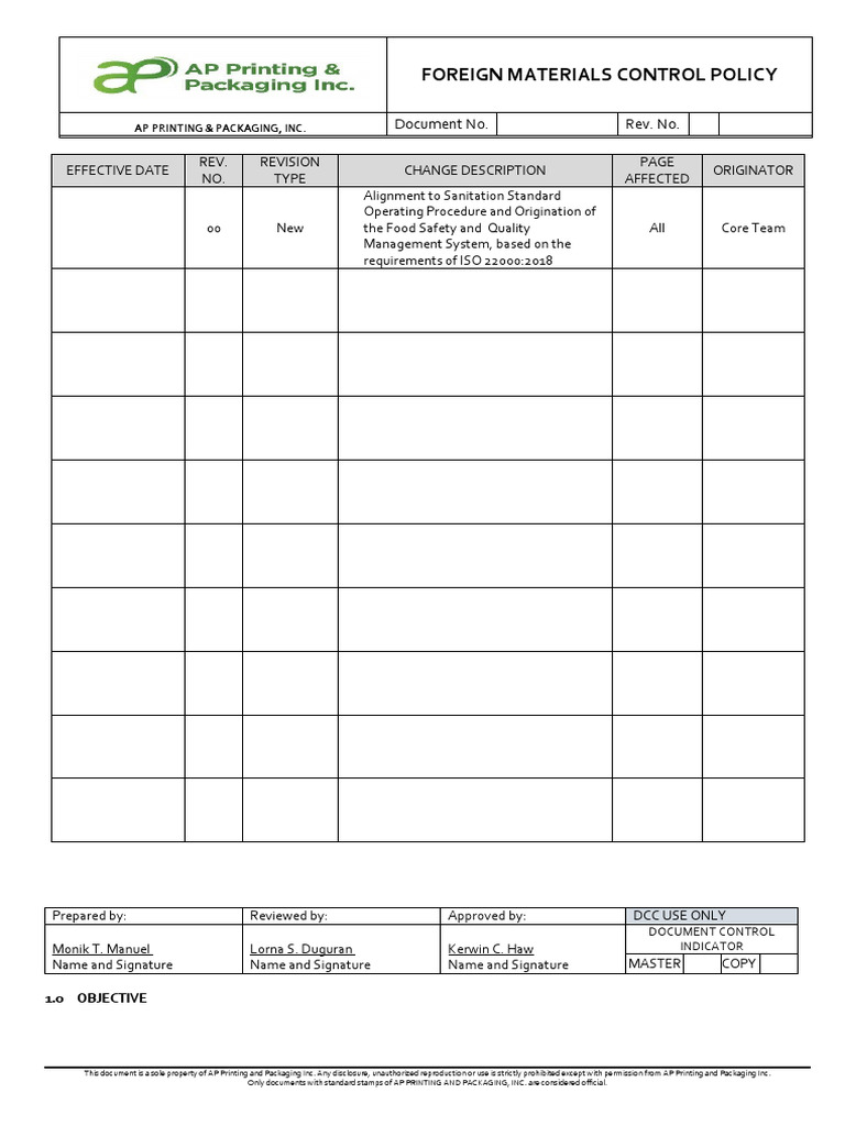 Foreign Materials Control Policy | PDF | Pallet | Packaging And Labeling