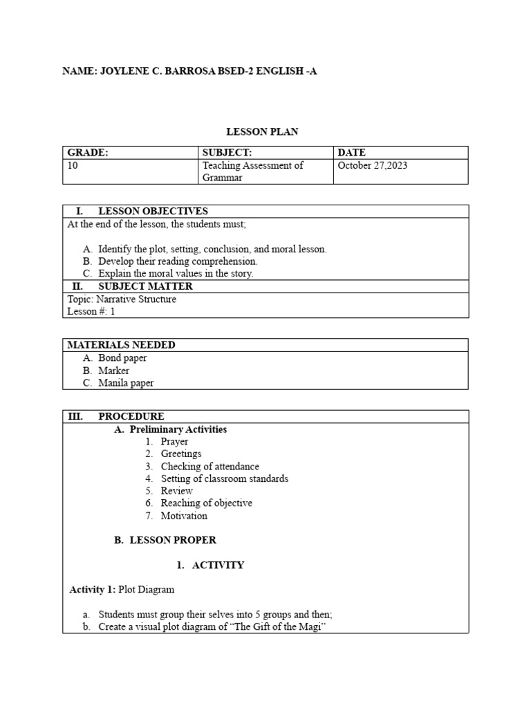 Lesson Plan In Reading Pdf Narrative Plot Narrative