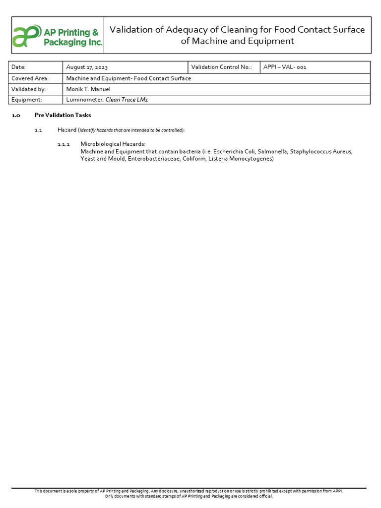 Cleaning Validation for Food Equipment | PDF | Disinfectant