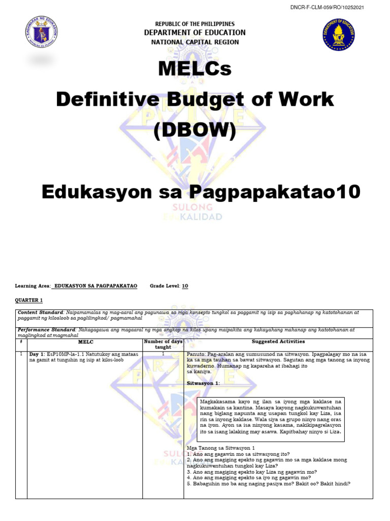 Grade10 DBOW SY2023-2024 | PDF
