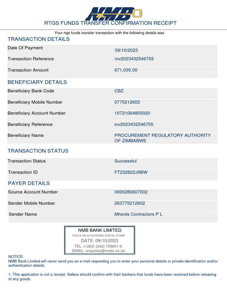 RTGS Funds Transfer Confirmation Receipt | PDF