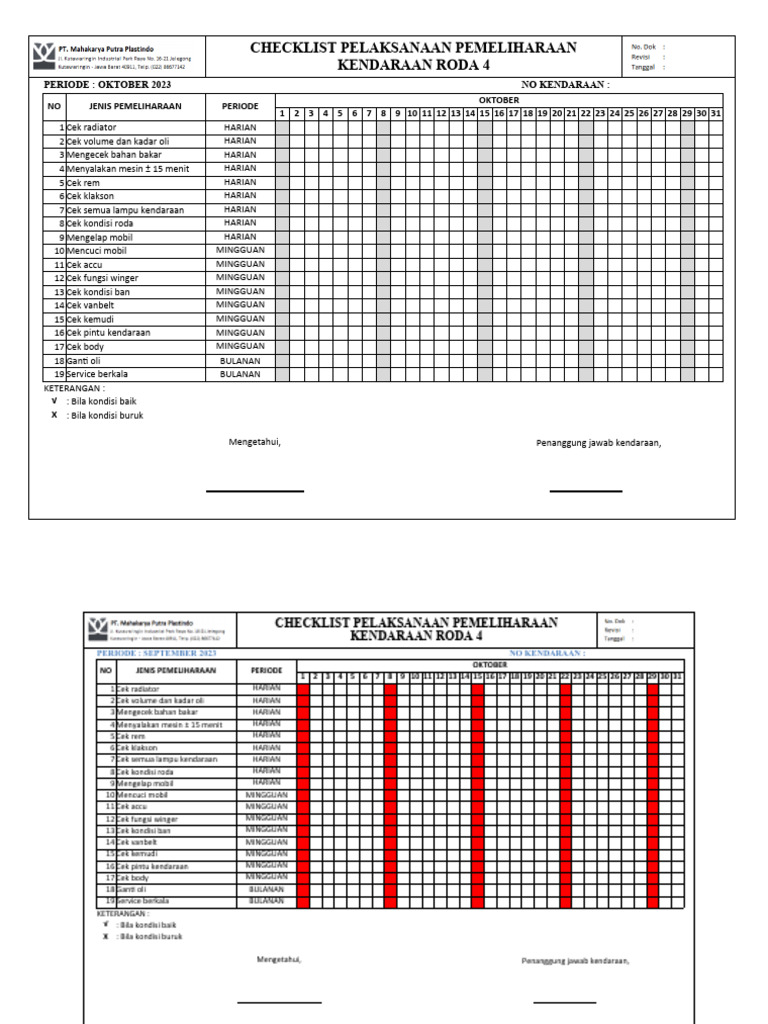 Checklist Pemeliharaan Kendaraan Roda 4 | PDF